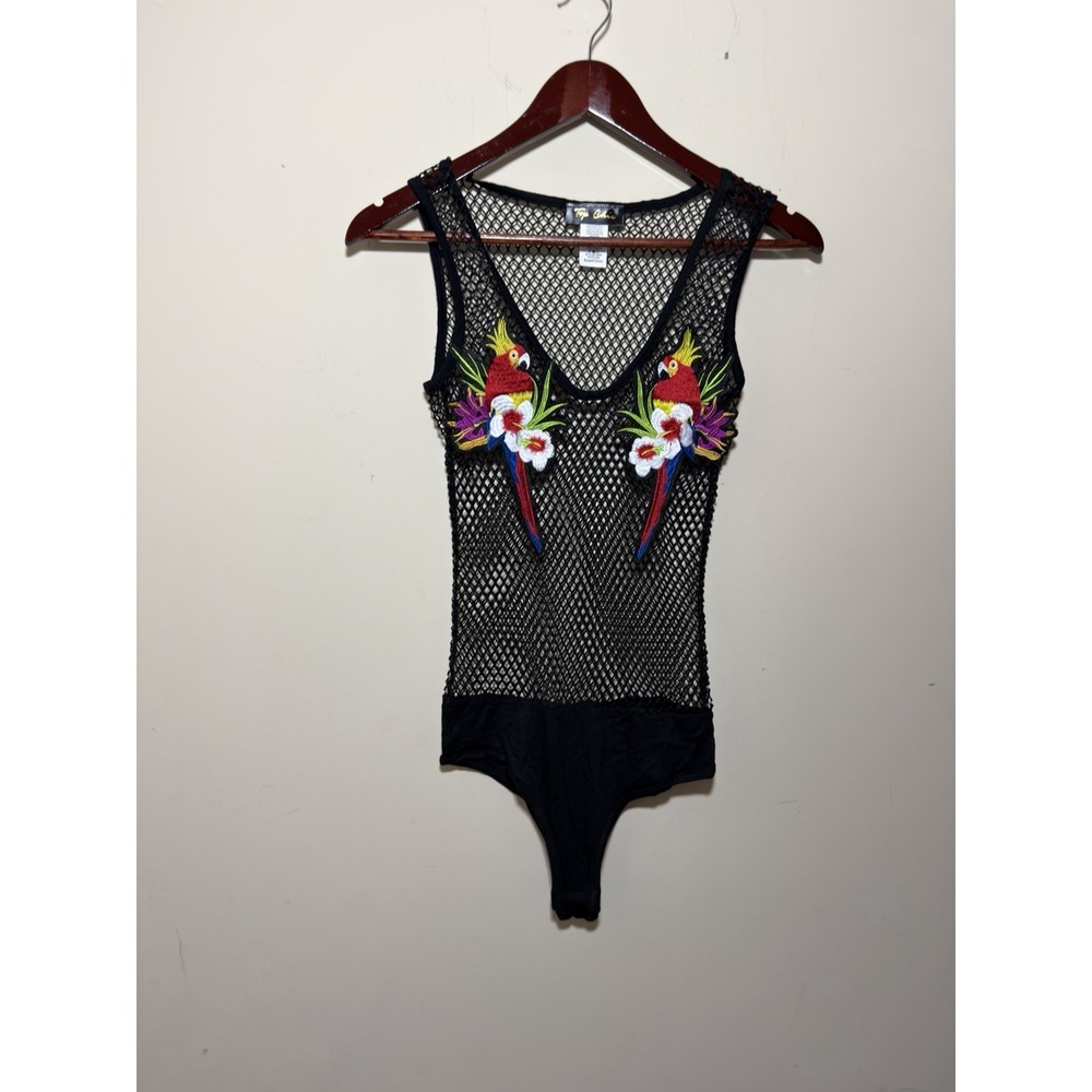 Top Chic Black Mesh Bodysuit Embroidered Parrot Tropical Floral Fishnet Y2K S